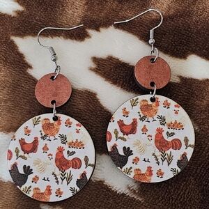 Chicken lovers dangle wood earrings - NWT